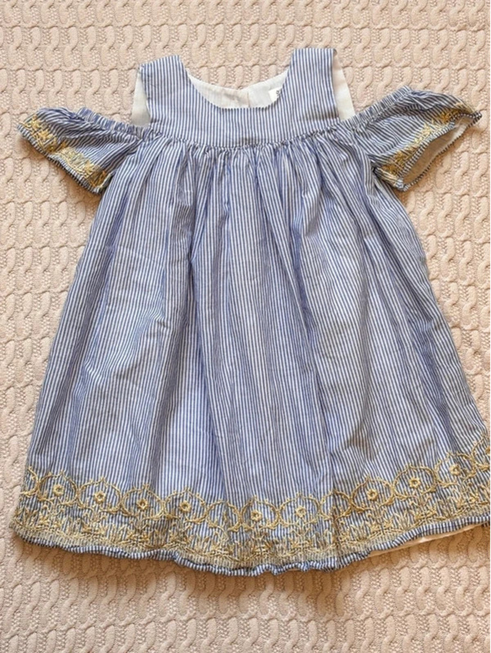 Aphorism Blue Seersucker Open Shoulder Dress Size 4 Girls Embroidered Boutique